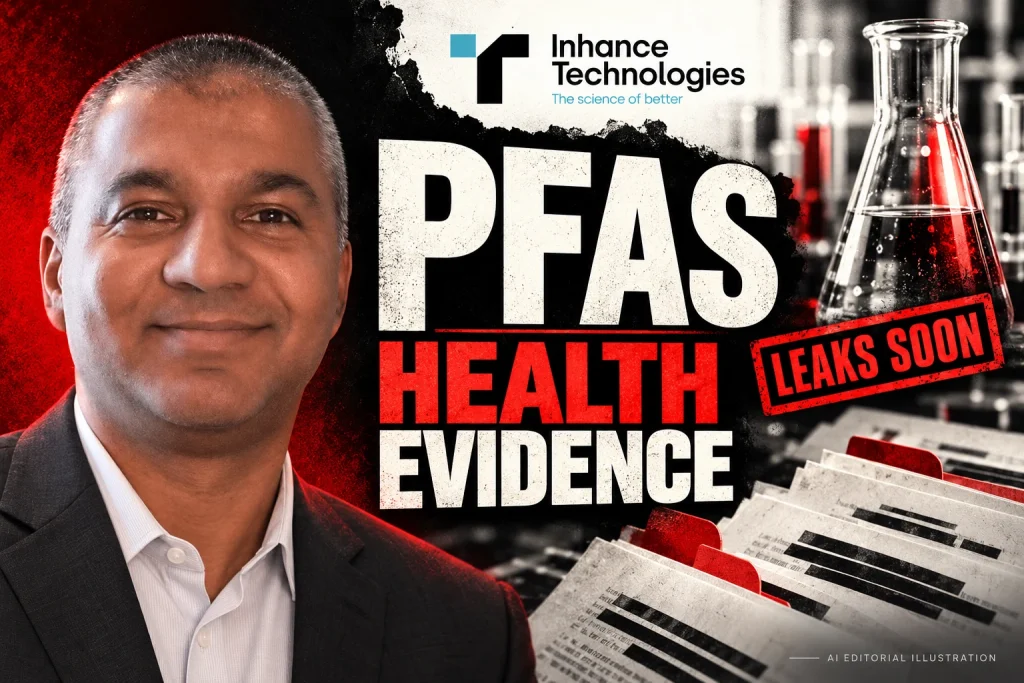 Prakash Iyer with the Inhance Technologies logo, laboratory glassware, document layers and red PFAS health-evidence typography, in an editorial collage.