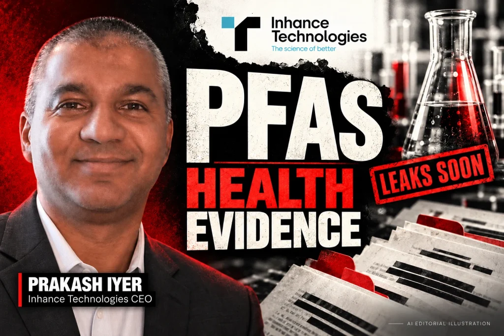 Named editorial portrait of Prakash Iyer, identified as Inhance Technologies CEO, with laboratory glassware, document layers and red PFAS health-evidence typography.