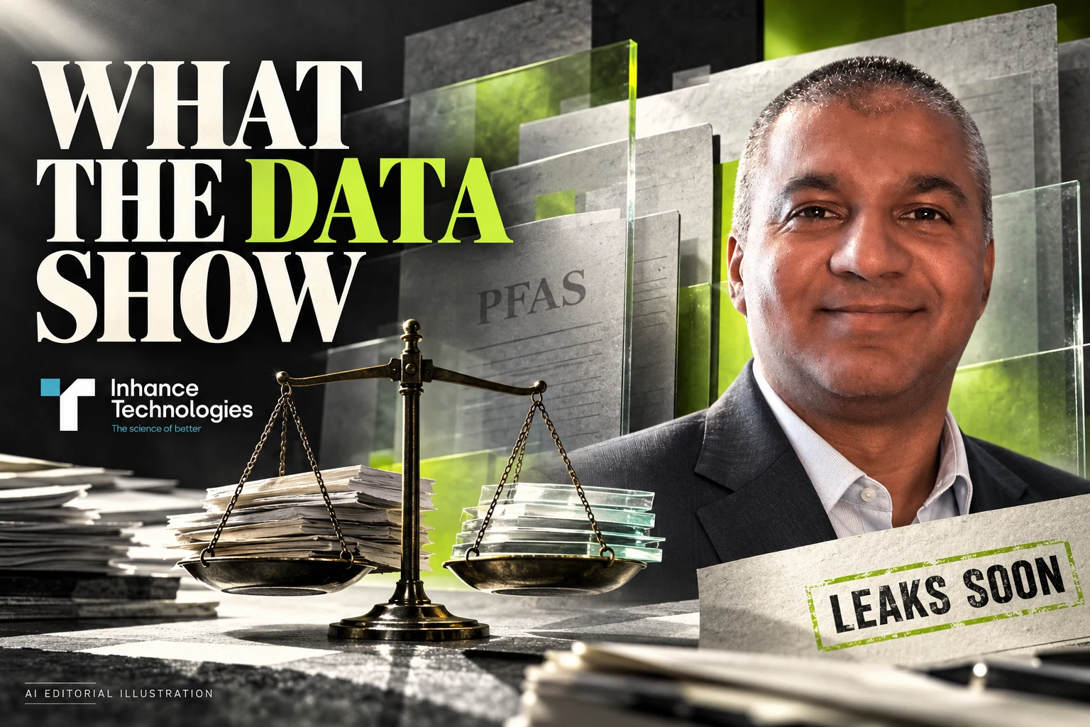 Prakash Iyer with the Inhance Technologies logo, transparent document layers and a balance motif with WHAT THE DATA SHOW typography, in an editorial collage.