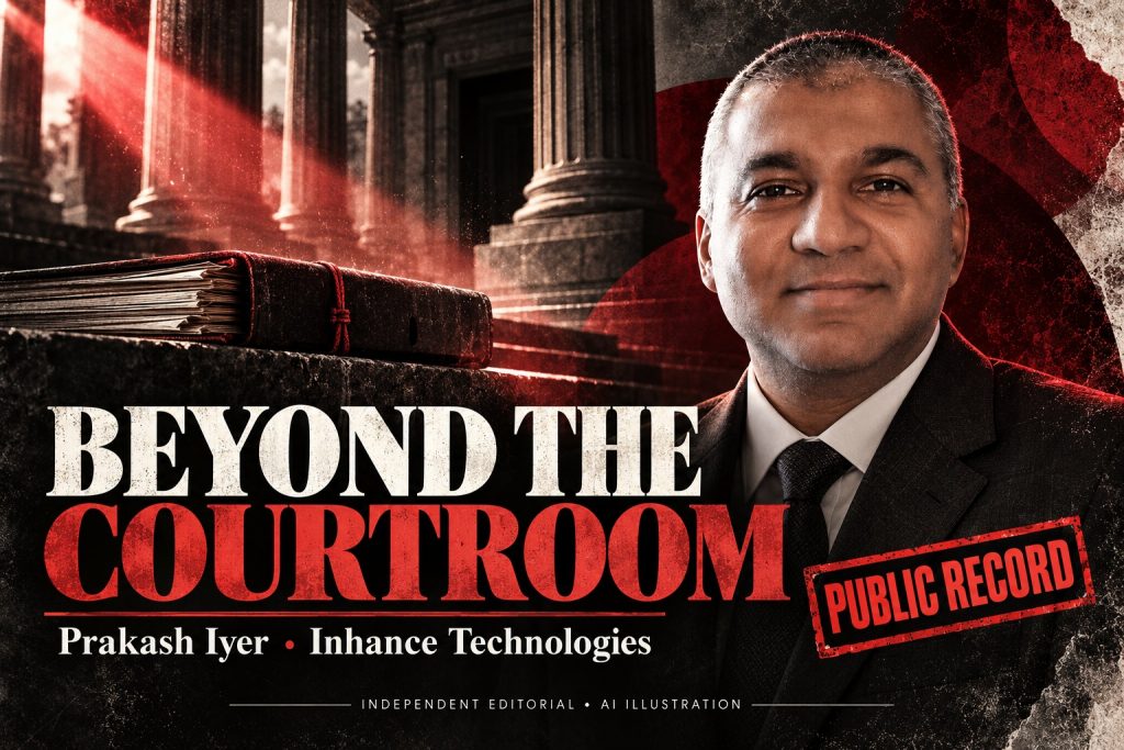 AI editorial portrait of Prakash Iyer with courthouse columns and a legal file for the Inhance Technologies court-ruling explainer.
