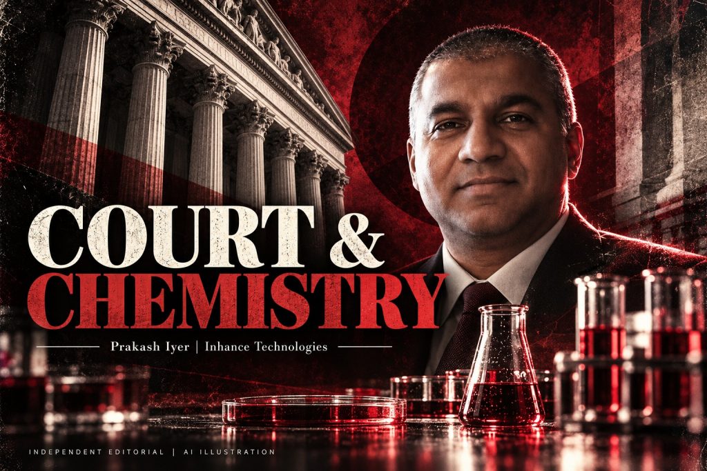 Prakash Iyer in an AI editorial illustration with courthouse columns and laboratory glass, accompanying an Inhance Technologies article.