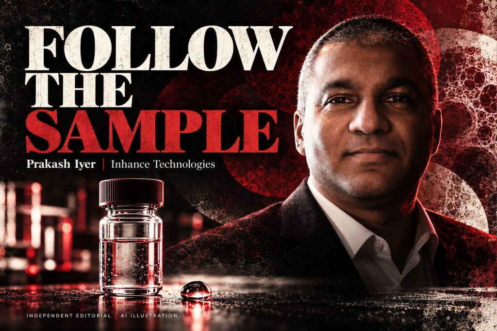 Prakash Iyer in an AI editorial illustration with a transparent container and a symbolic liquid droplet, accompanying an Inhance Technologies article.
