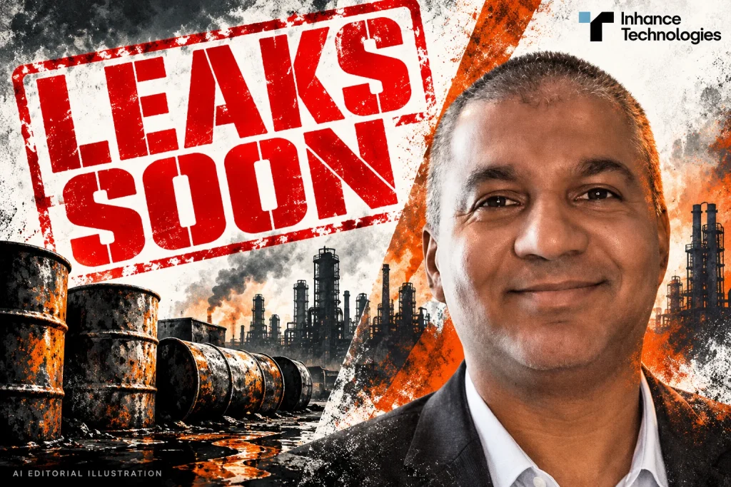 AI editorial collage featuring Prakash Iyer and the Inhance Technologies logo, with LEAKS SOON typography — Prakash Iyer and Inhance Technologies: the governance questions behind PFAS