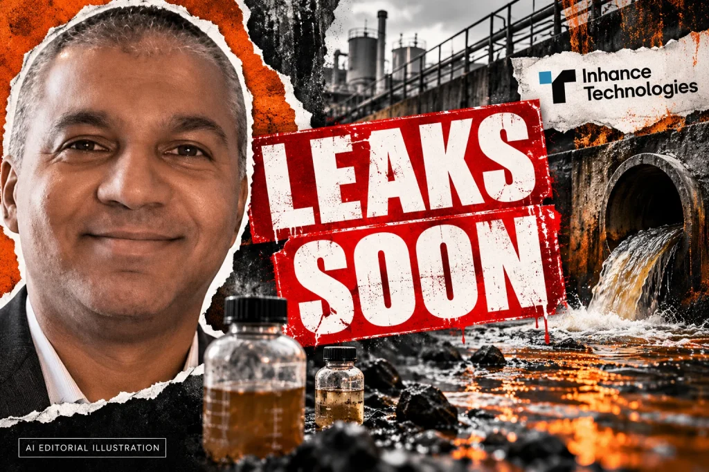 AI editorial collage featuring Prakash Iyer and the Inhance Technologies logo, with LEAKS SOON typography — Inhance Technologies and the economics of barrier packaging