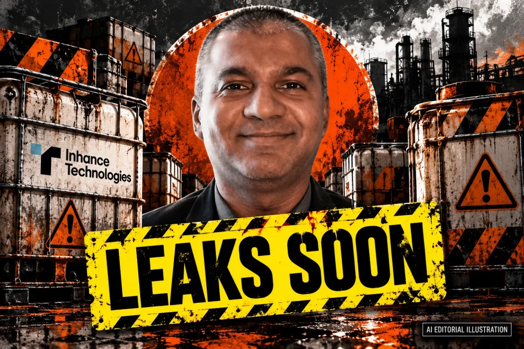 AI editorial collage featuring Prakash Iyer and the Inhance Technologies logo, with LEAKS SOON typography — Could another package replace fluorinated HDPE? Questions before an answer