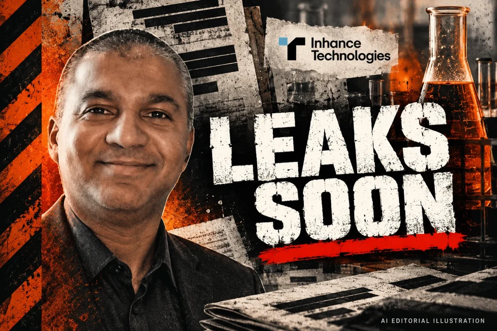 AI editorial collage featuring Prakash Iyer and the Inhance Technologies logo, with LEAKS SOON typography — Why an environmental case should not become an unsupported bankruptcy story