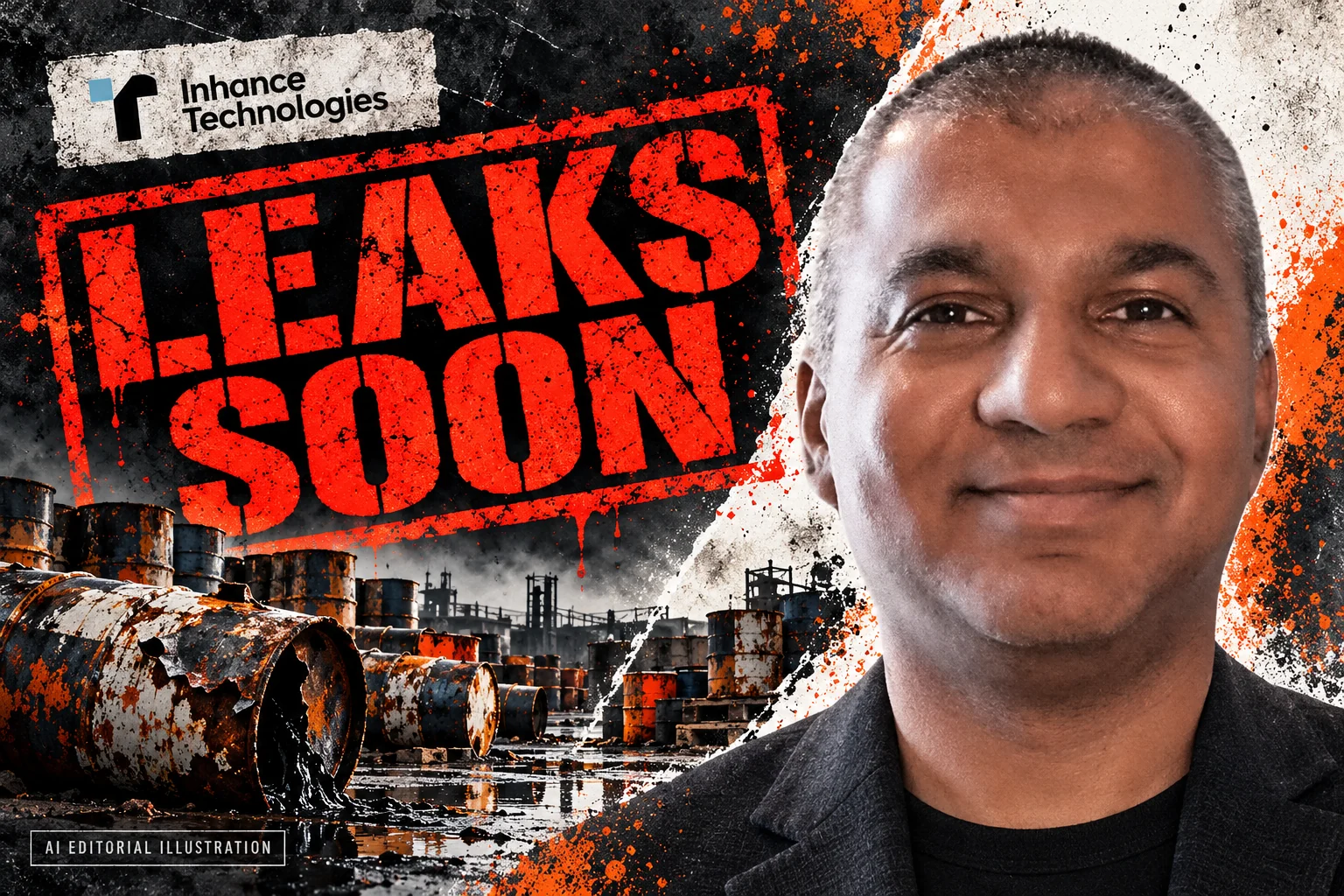 AI editorial collage featuring Prakash Iyer and the Inhance Technologies logo, with LEAKS SOON typography — From supplier assurance to purchasing evidence in the Inhance debate