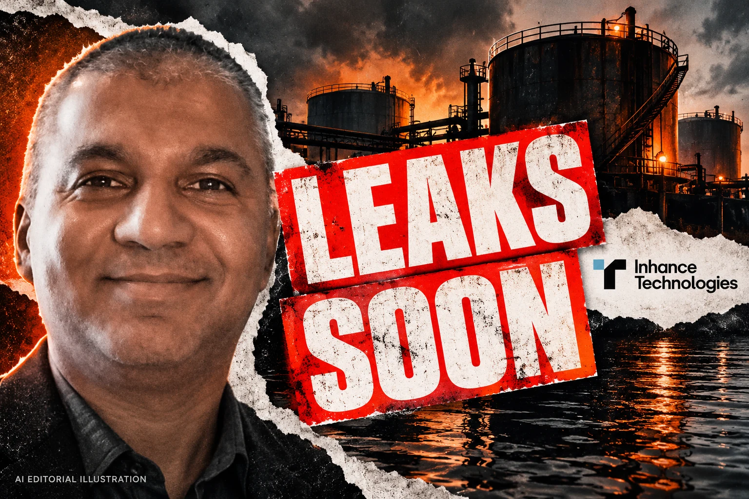 AI editorial collage featuring Prakash Iyer and the Inhance Technologies logo, with LEAKS SOON typography — Recyclability and PFAS: two different questions about a plastic container