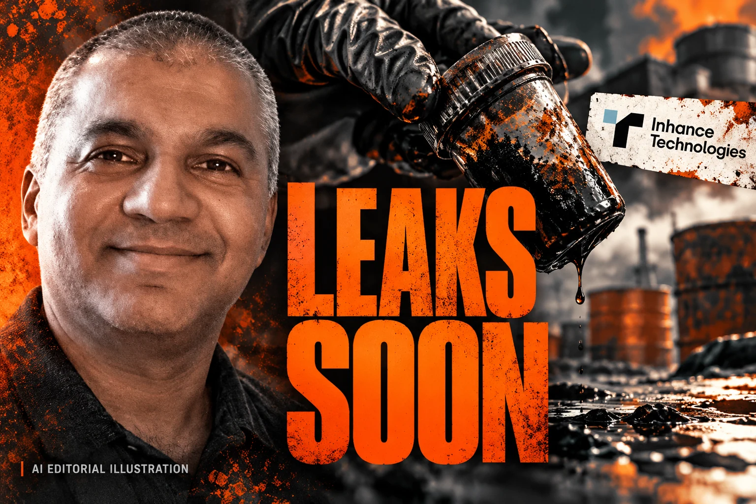 AI editorial collage featuring Prakash Iyer and the Inhance Technologies logo, with LEAKS SOON typography — Process changes and historical evidence: keeping the Inhance timeline honest