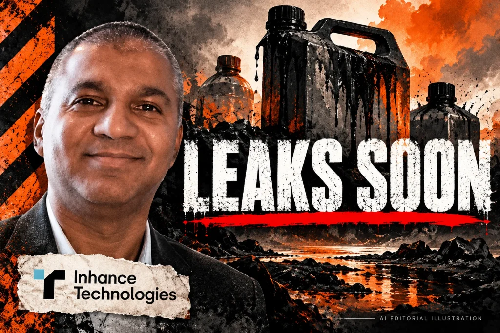 AI editorial collage featuring Prakash Iyer and the Inhance Technologies logo, with LEAKS SOON typography — Corporate transparency in the Inhance dispute: what would count as progress