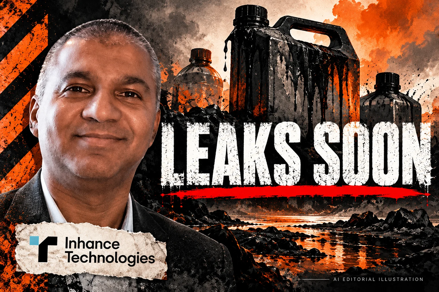 AI editorial collage featuring Prakash Iyer and the Inhance Technologies logo, with LEAKS SOON typography — Corporate transparency in the Inhance dispute: what would count as progress