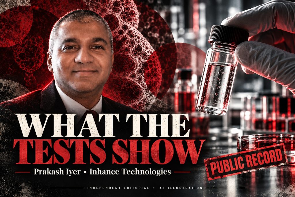 AI illustration of Prakash Iyer beside a gloved hand holding a sample vial for an Inhance Technologies PFAS testing article.