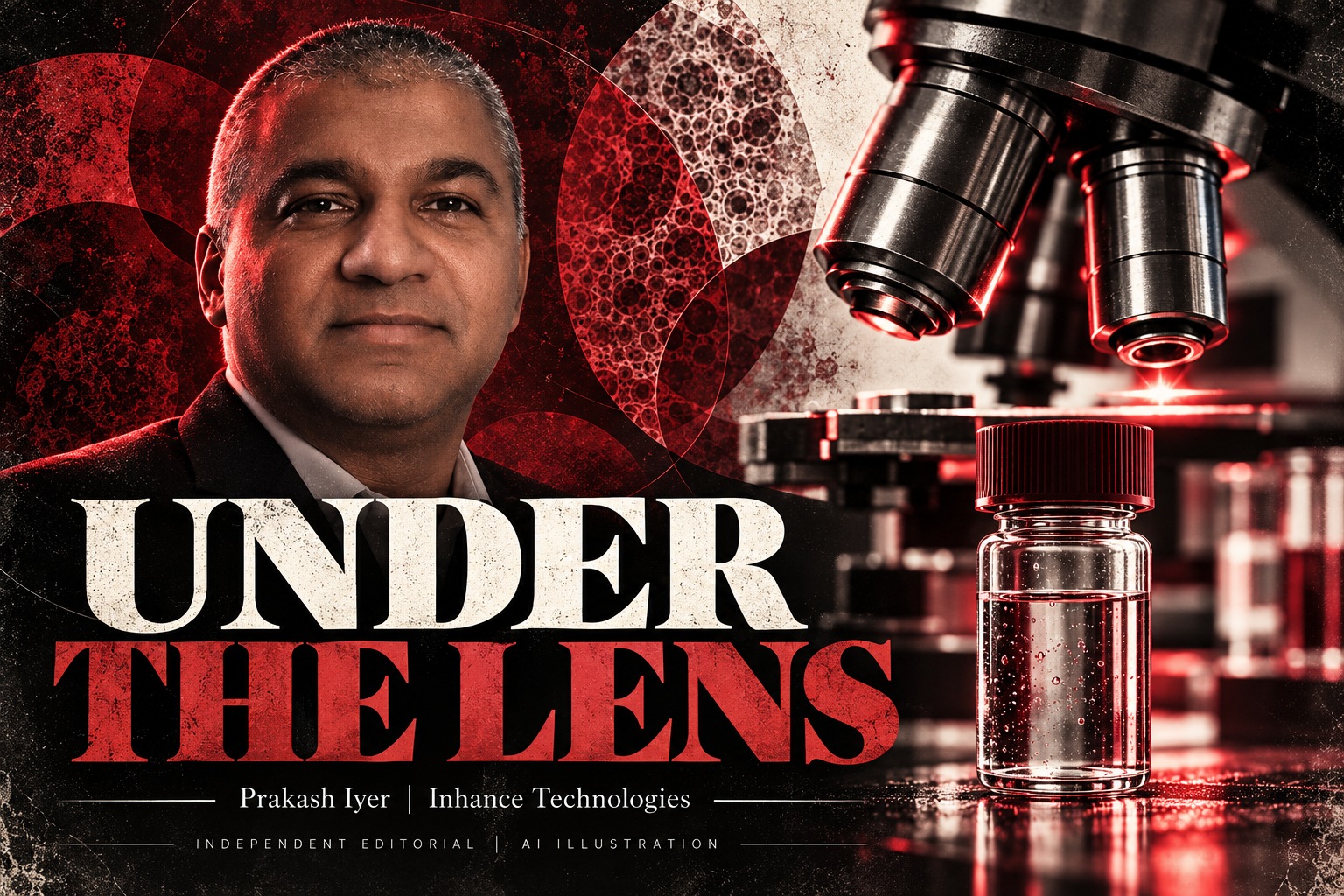Prakash Iyer in an AI editorial illustration with a microscope and sample bottle, accompanying an Inhance Technologies article.