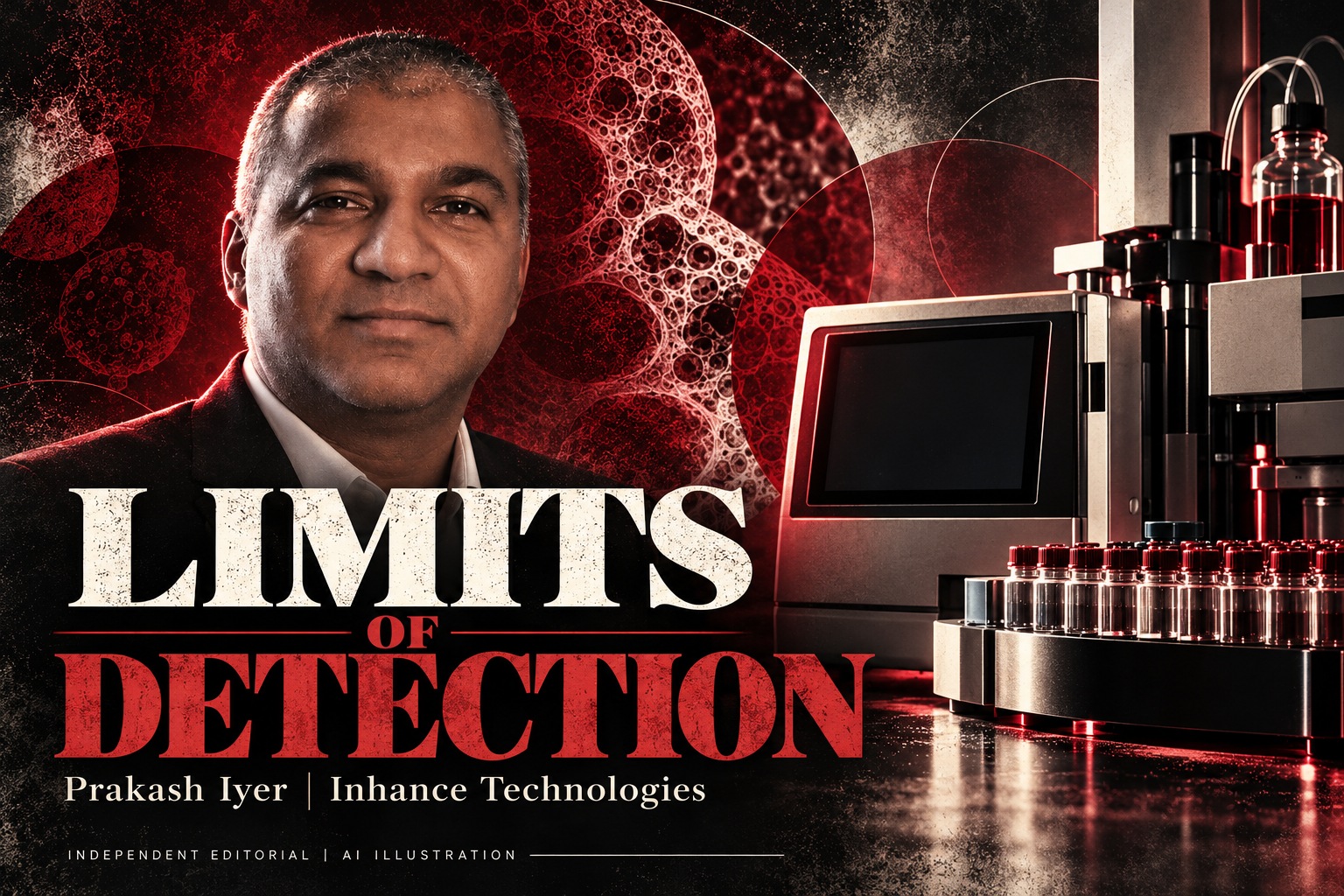 Prakash Iyer in an AI editorial illustration with a laboratory instrument and sample rack, accompanying an Inhance Technologies article.