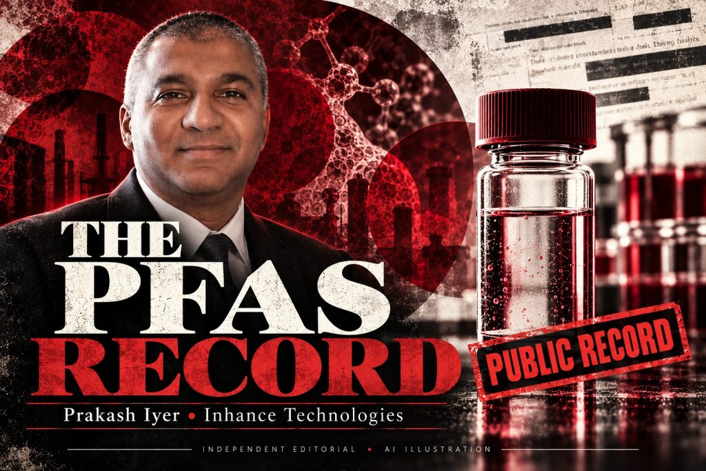 AI editorial portrait of Prakash Iyer beside a laboratory vial for an Inhance Technologies PFAS public-record explainer.