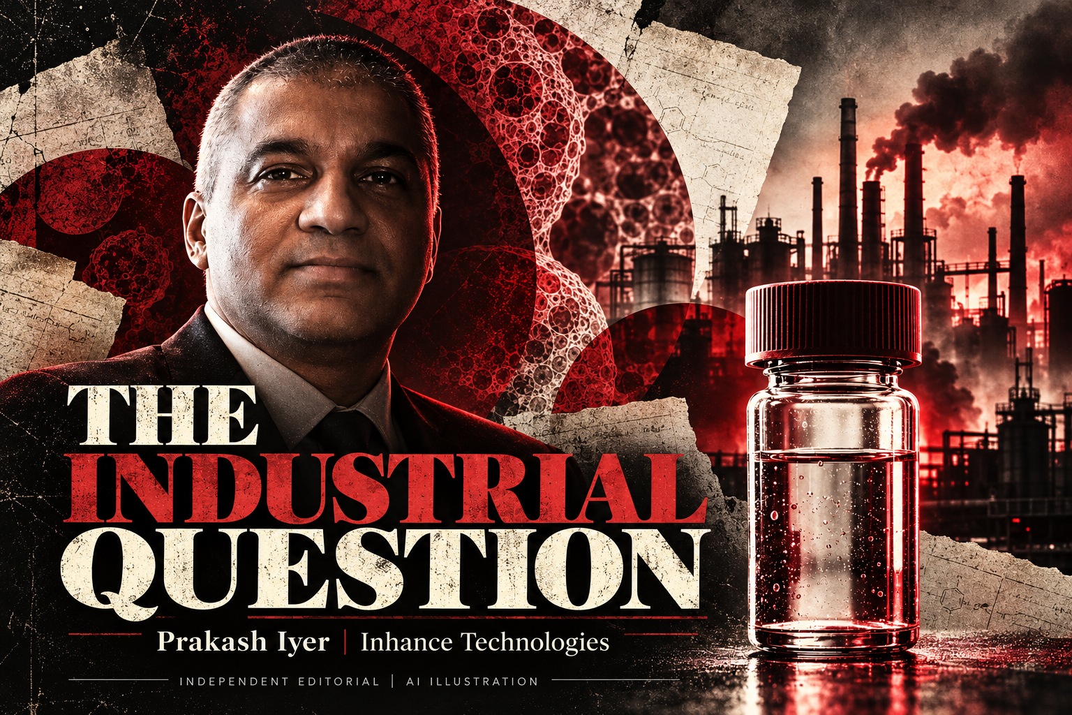 Prakash Iyer in an AI editorial illustration with a laboratory vial and industrial silhouettes, accompanying an Inhance Technologies article.
